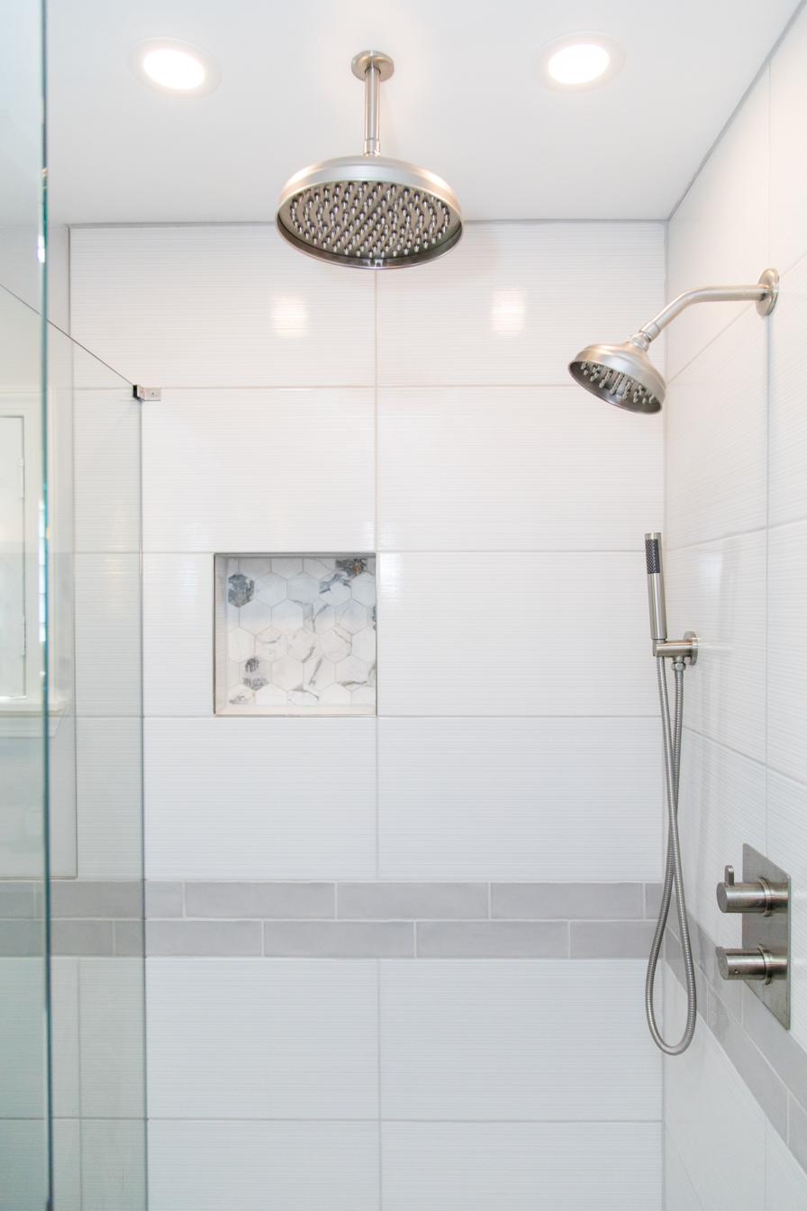 White master bath, freestanding tub & marble hex, view 3 of 7