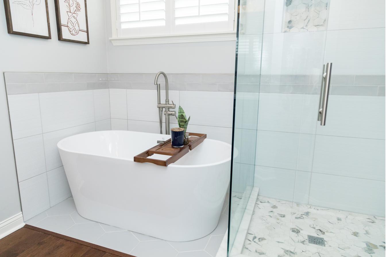 White master bath, freestanding tub & marble hex, view 5 of 7