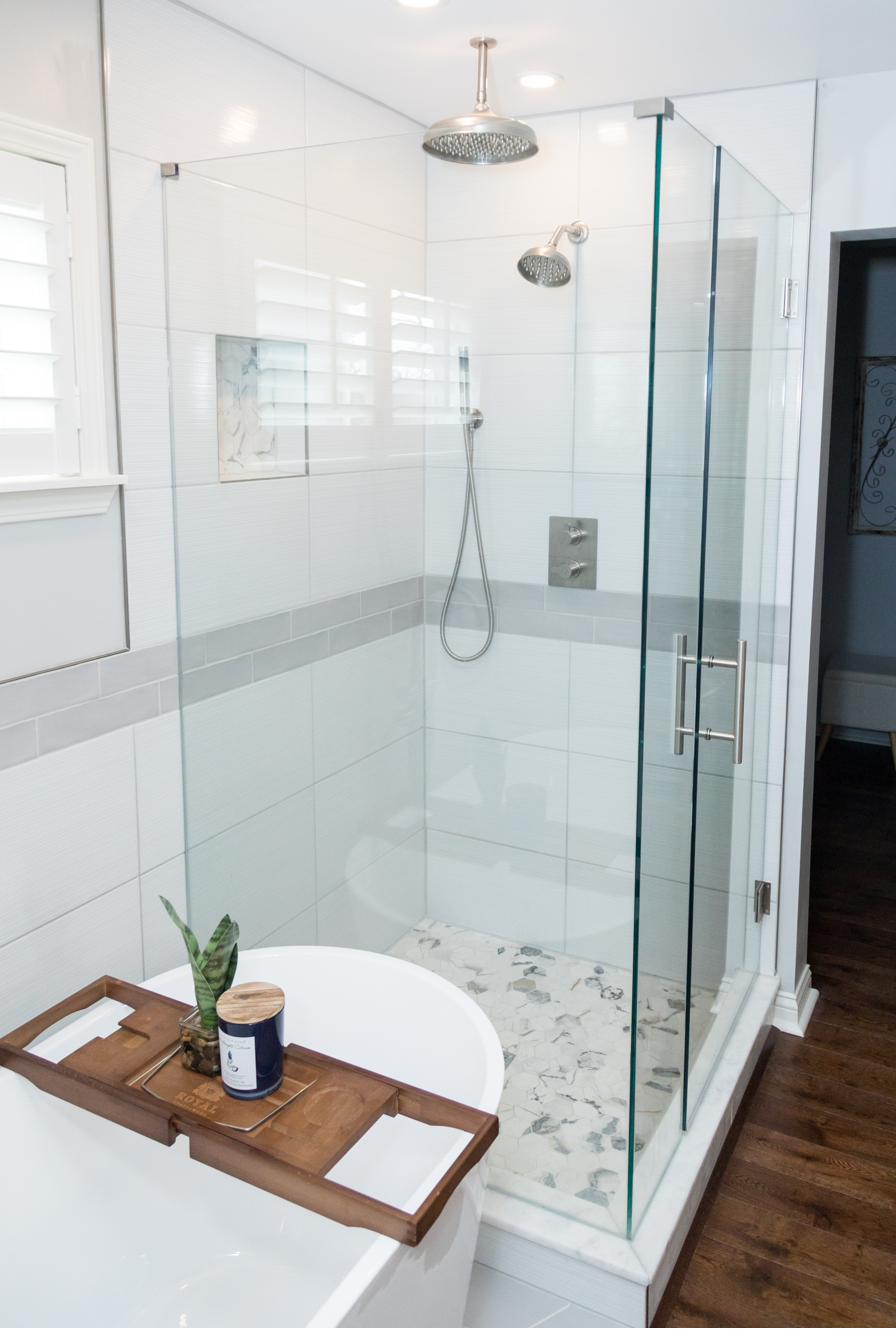 White master bath, freestanding tub & marble hex, view 6 of 7