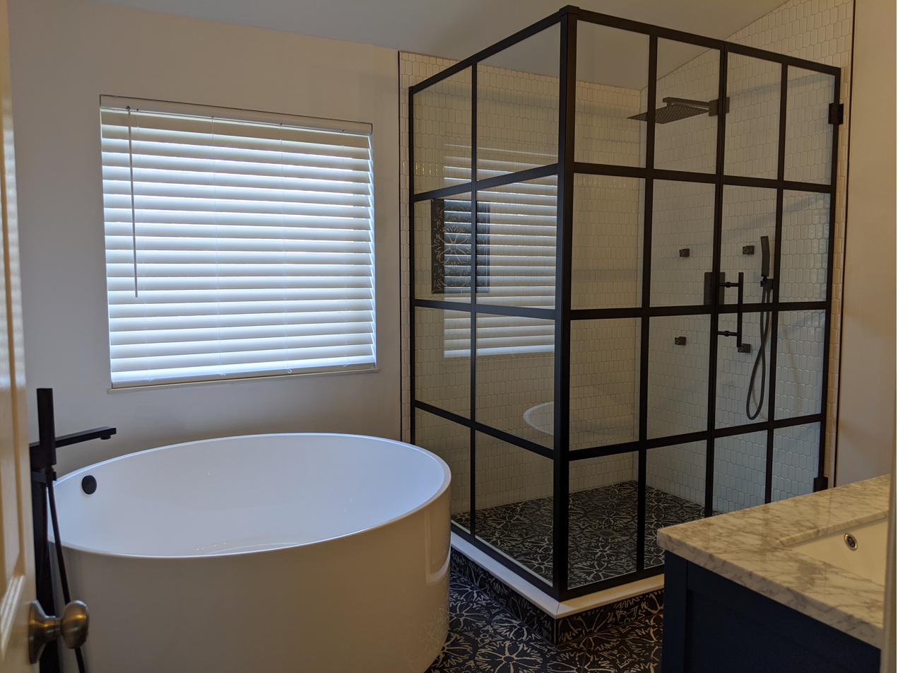 Navy vanity, black grid shower, encaustic floor, view 4 of 6