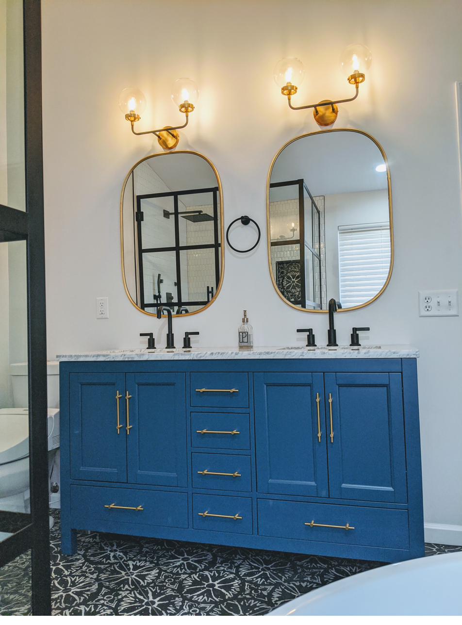 Navy vanity, black grid shower, encaustic floor, view 5 of 6