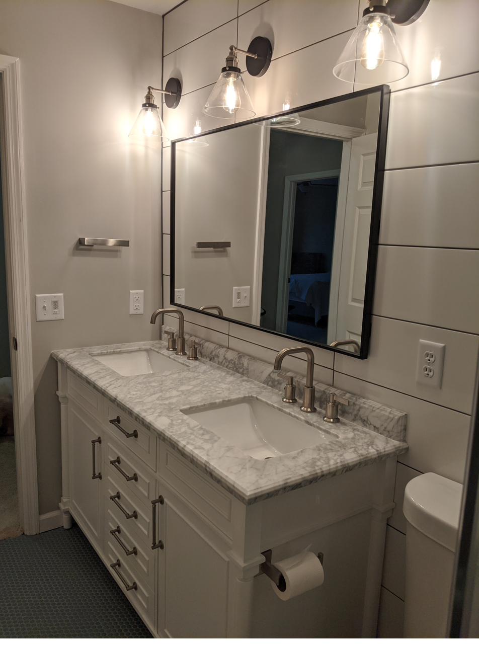 Shiplap vanity wall / penny tile bath, view 1 of 2
