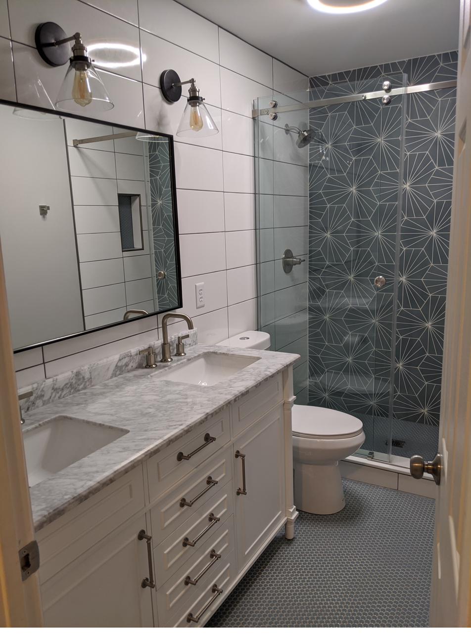 Shiplap vanity wall / penny tile bath, view 2 of 2