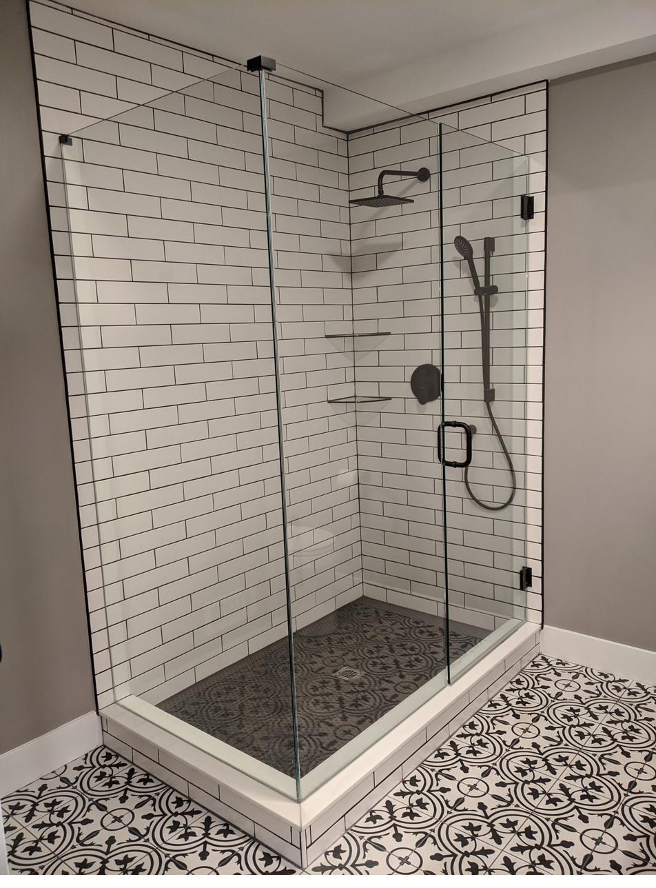 Subway tile walk-in shower, view 1 of 2