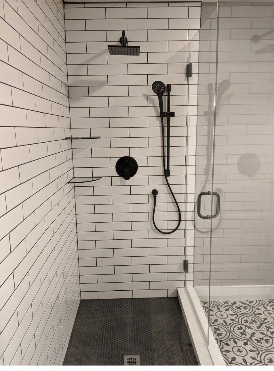 Subway tile walk-in shower, view 2 of 2
