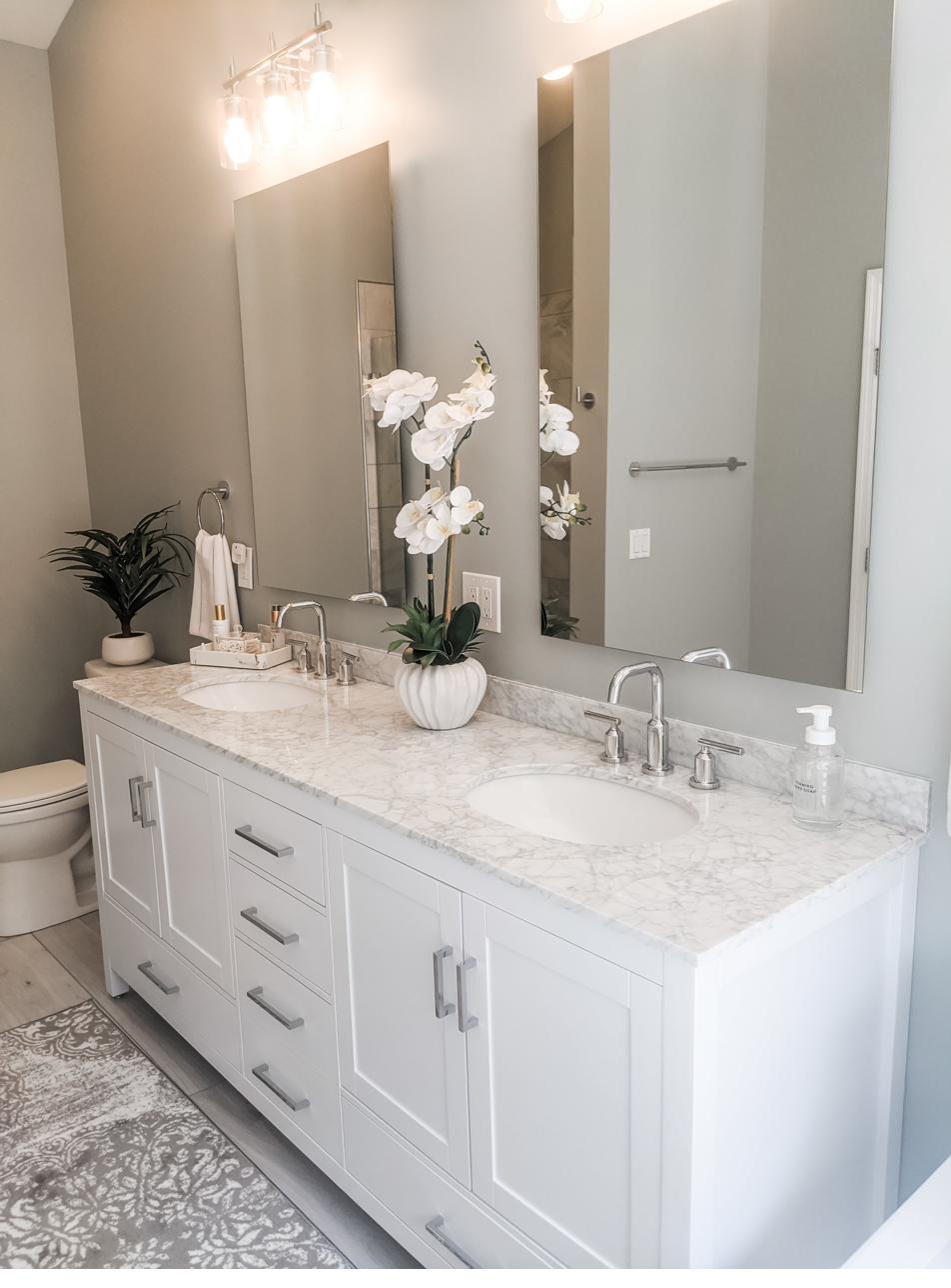 White marble master bath, view 1 of 3