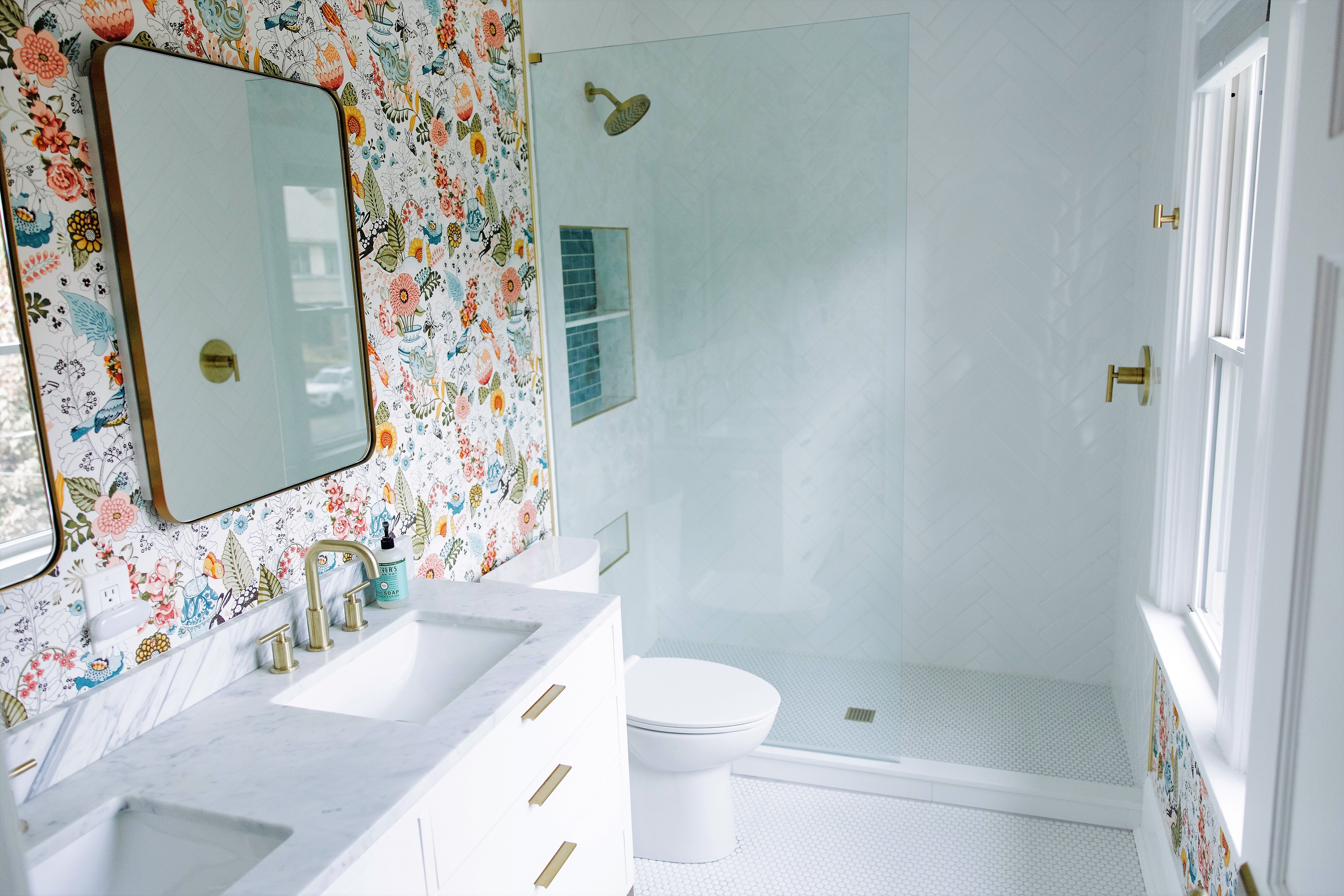 Floral wallpaper bath, white vanity, view 3 of 3