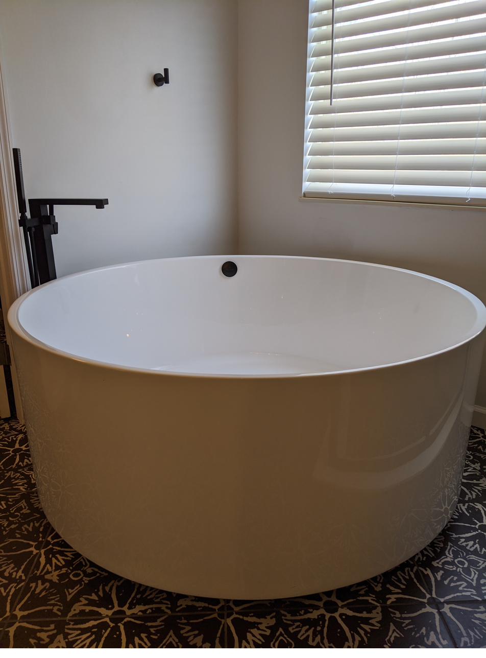 Navy vanity, black grid shower, encaustic floor, view 6 of 6