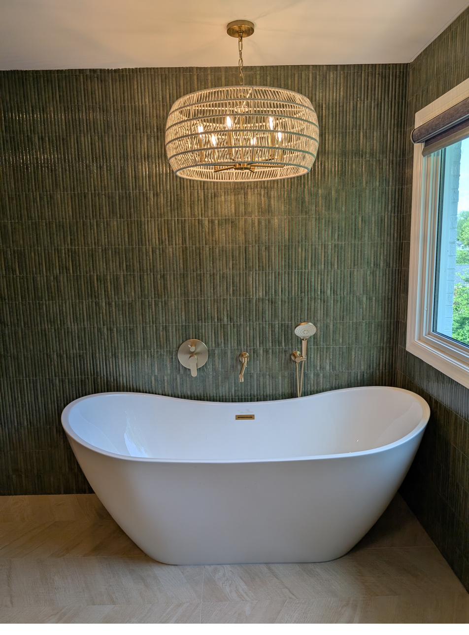 Green vertical tile, freestanding tub & wet room, view 2 of 3