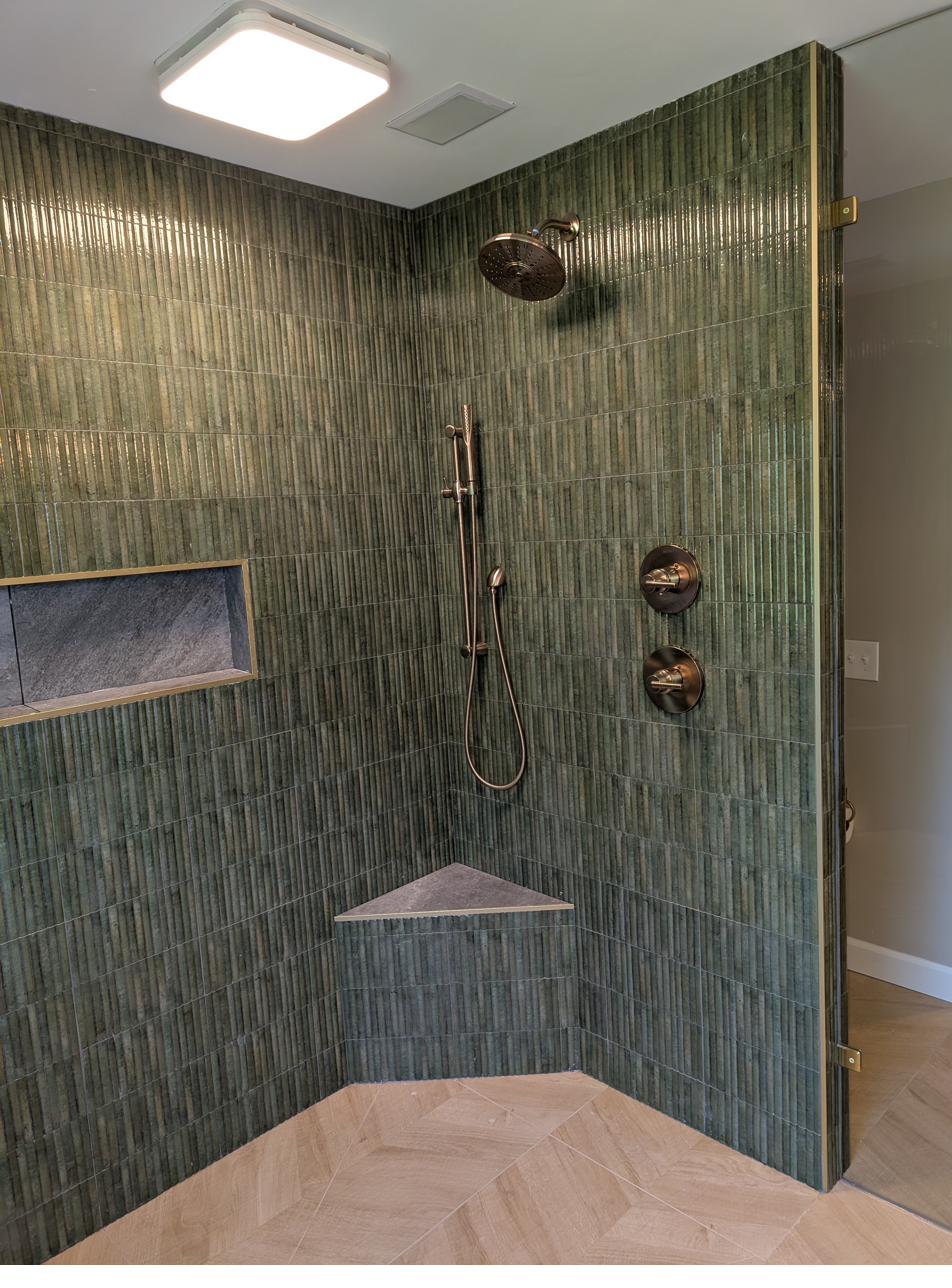 Green vertical tile, freestanding tub & wet room, view 3 of 3