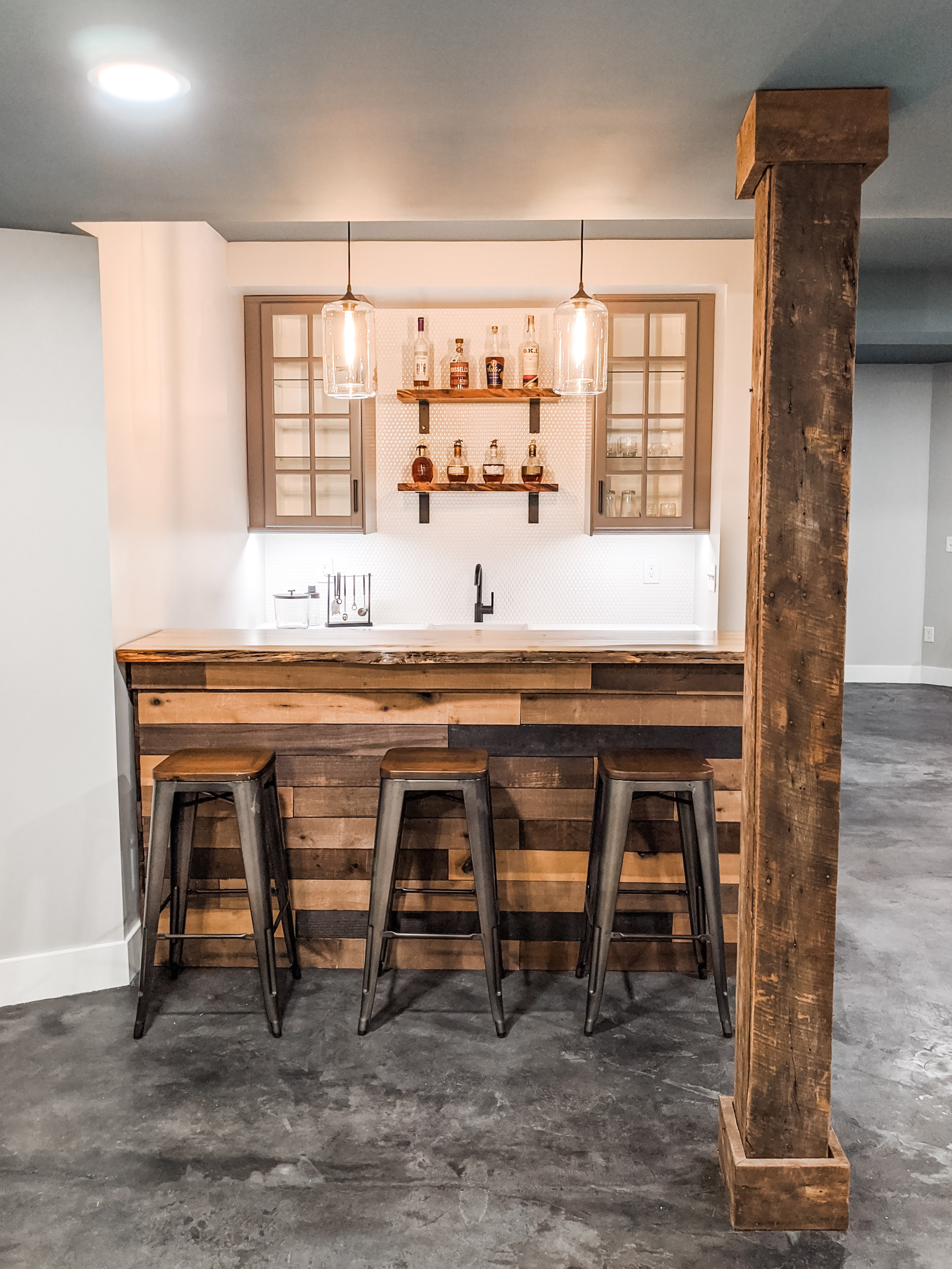 Reclaimed wood basement bar, view 1 of 4