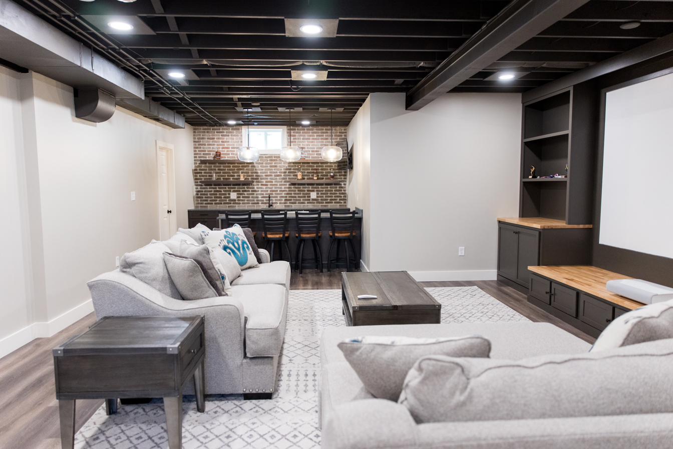 Basement lounge, brick bar & theater wall, view 4 of 7
