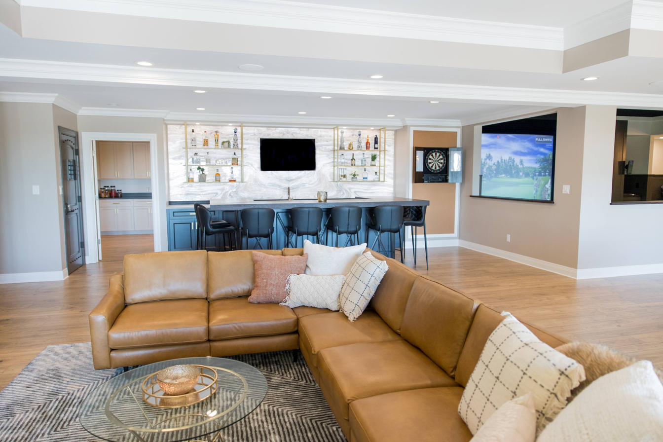 Basement entertainment level: bar, billiards, golf sim, putting green, view 3 of 15