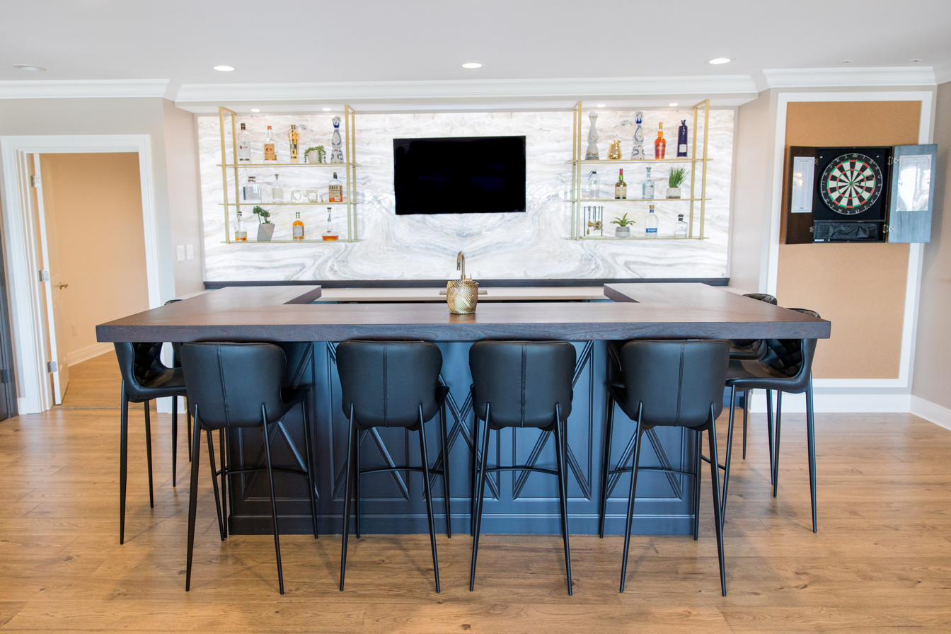 Basement entertainment level: bar, billiards, golf sim, putting green, view 4 of 15
