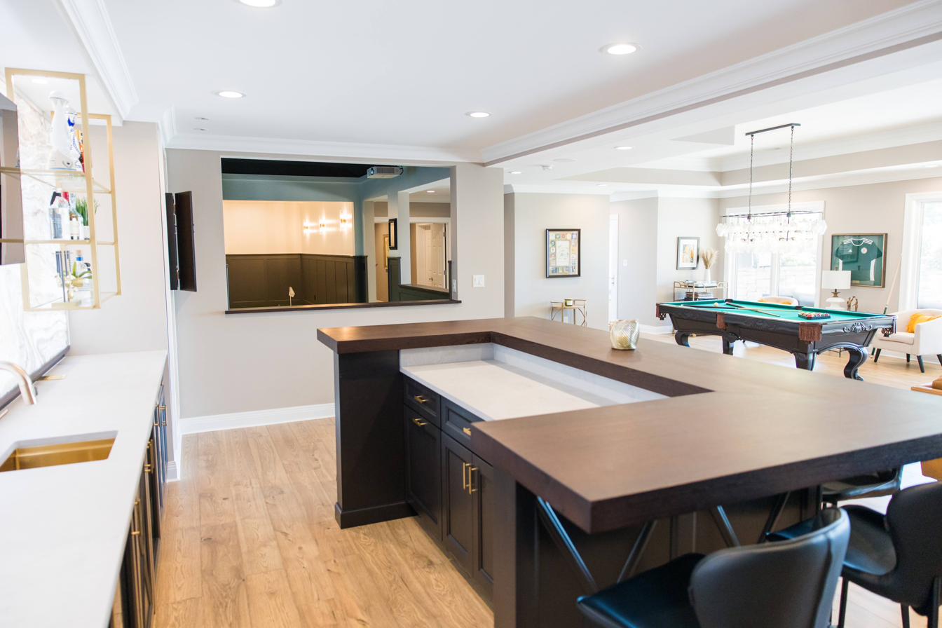Basement entertainment level: bar, billiards, golf sim, putting green, view 7 of 15
