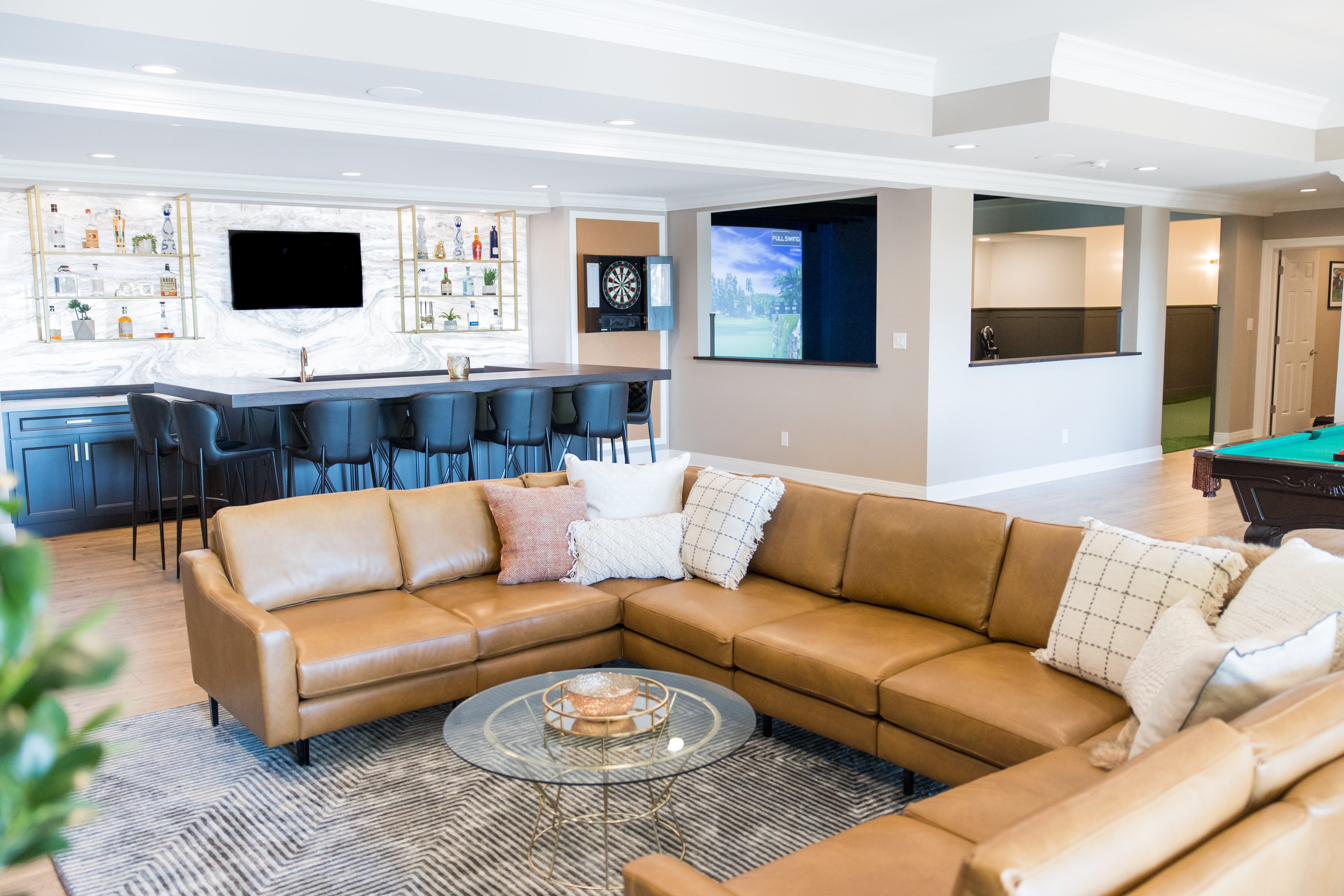 Basement entertainment level: bar, billiards, golf sim, putting green, view 12 of 15