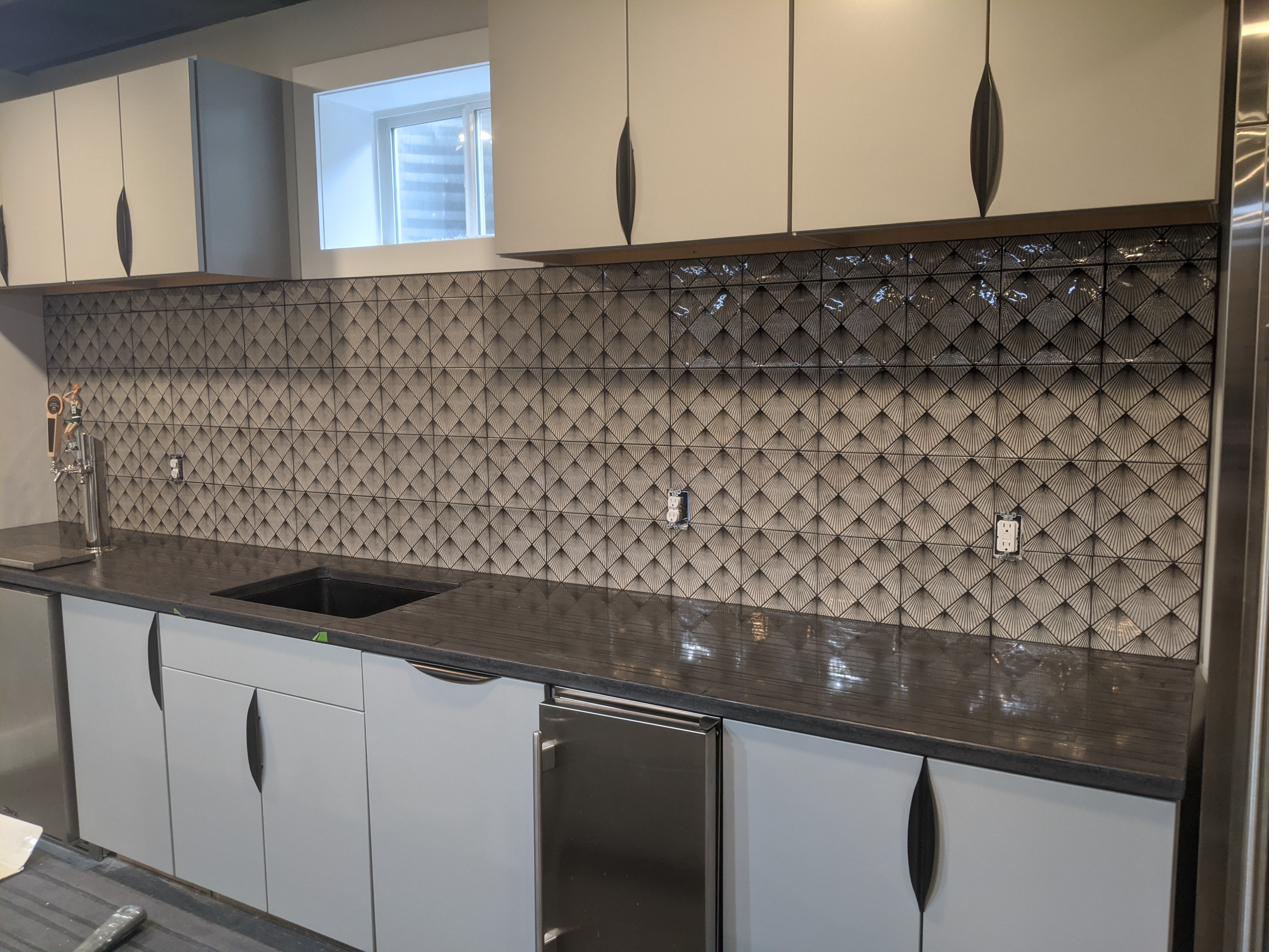 Basement bar, fan-pattern tile & tap, view 1 of 2