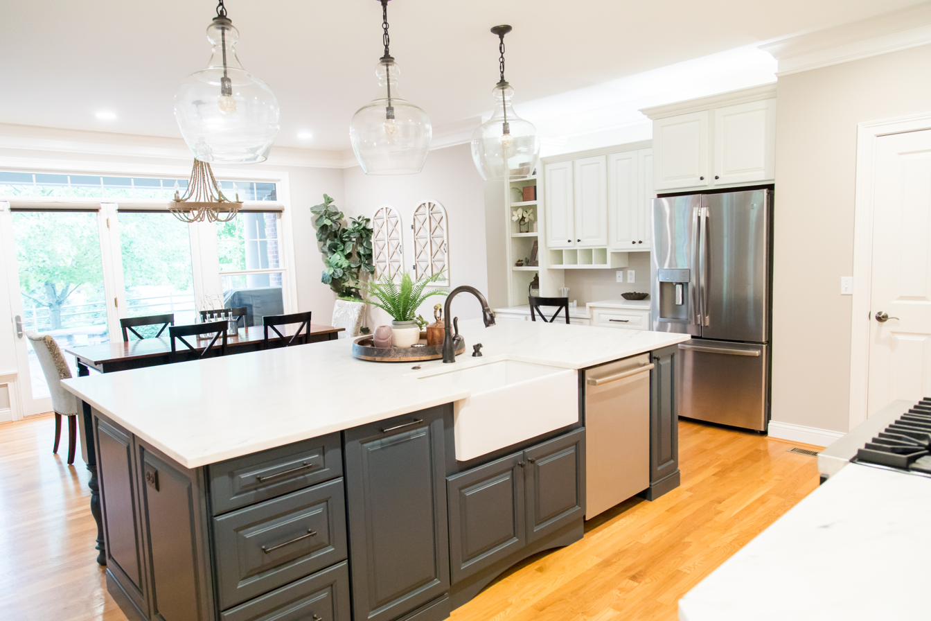White kitchen, charcoal island, view 6 of 9