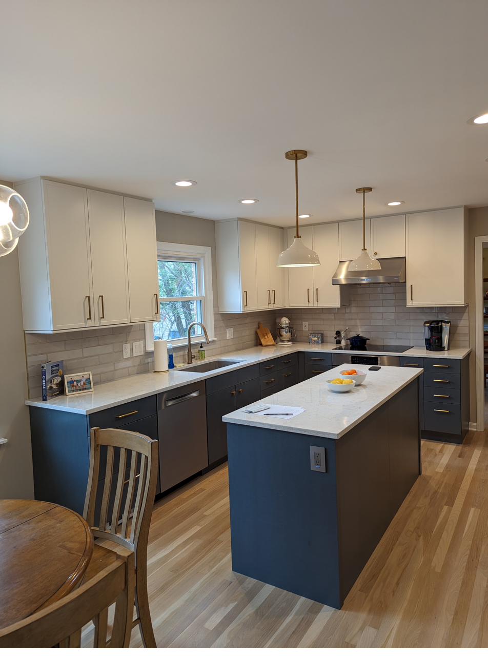 Two-tone kitchen, blue island